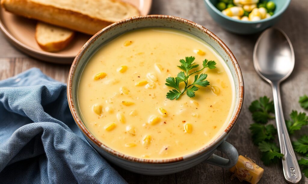 Creamy vegan corn chowder with potatoes, hearty and comforting recipe.