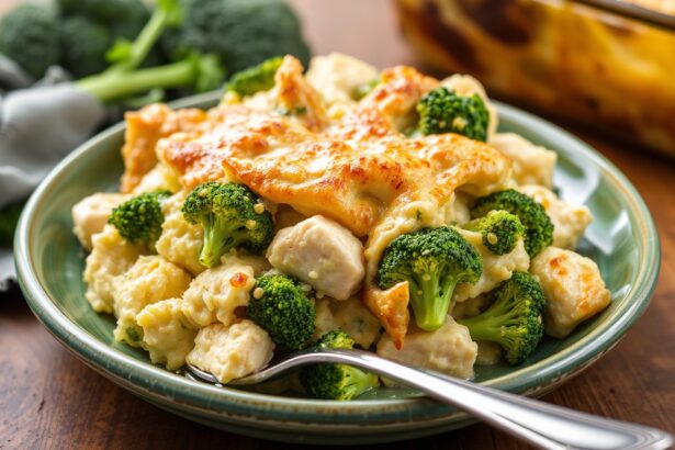 Hearty chicken broccoli casserole: a delicious comfort meal delight.