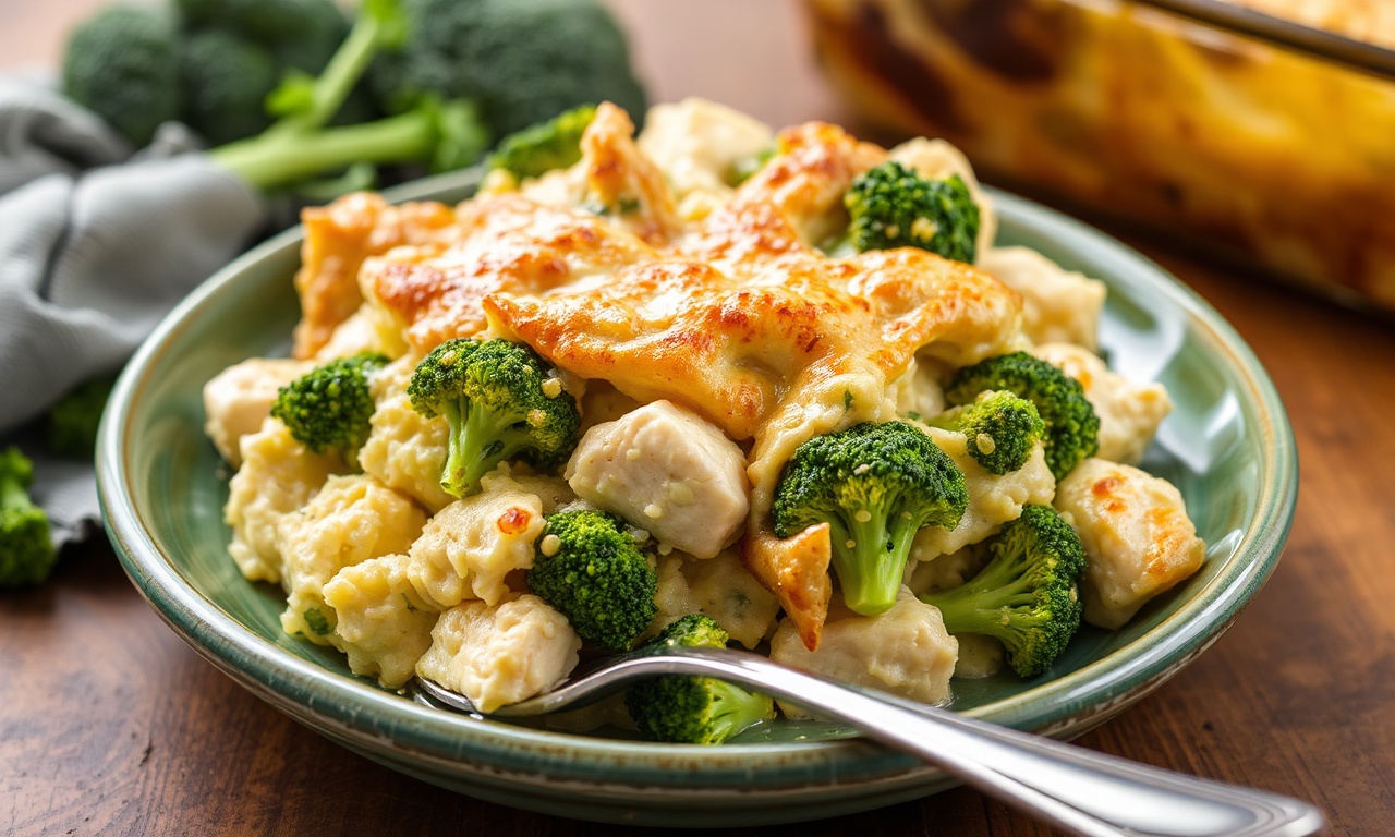 Hearty chicken broccoli casserole: a delicious comfort meal delight.