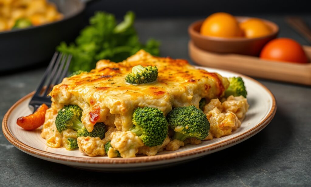 Hearty chicken broccoli casserole: comforting meal, family dining delight.