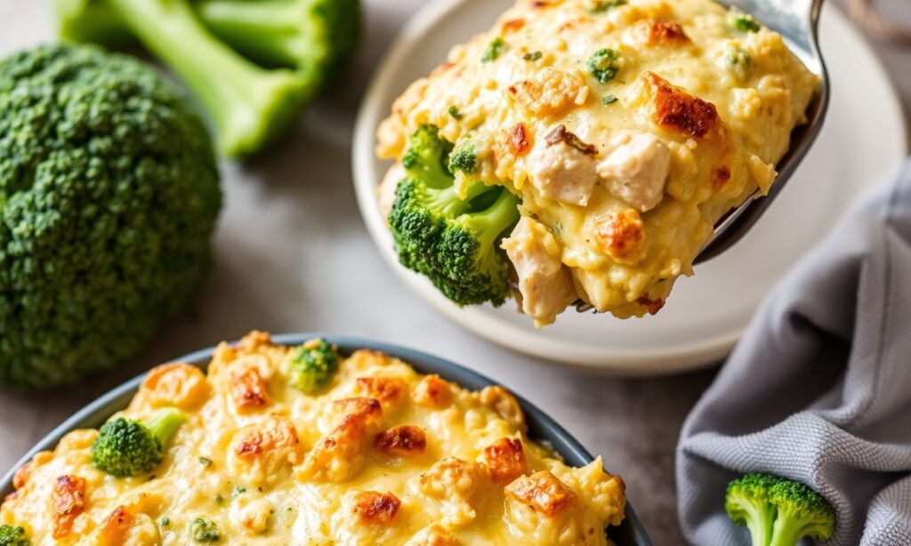 Hearty chicken broccoli casserole for a comforting meal.