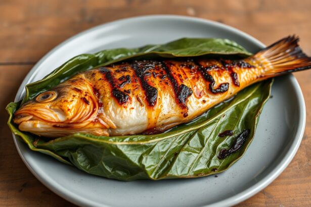 Aromatic grilled fish, banana leaf parcels, delicious seafood recipe.