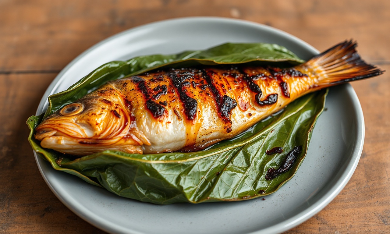 Aromatic grilled fish, banana leaf parcels, delicious seafood recipe.