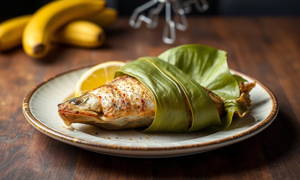 Aromatic grilled fish in banana leaves, a delicious and visually appealing meal.