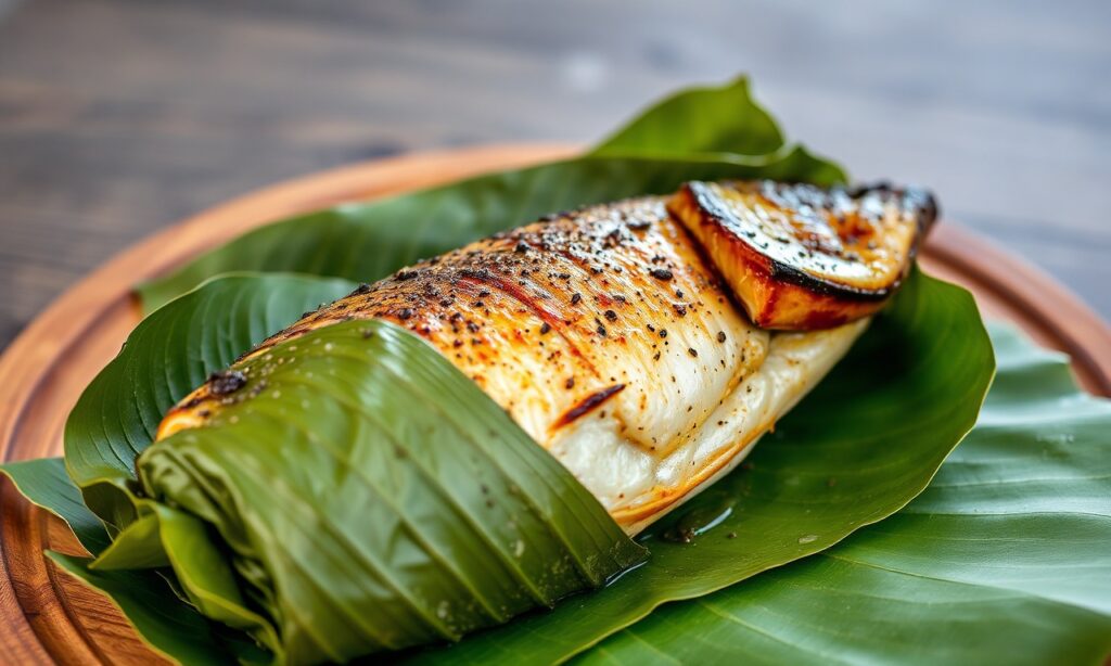 Aromatic grilled fish in banana leaves, a magical culinary delight.