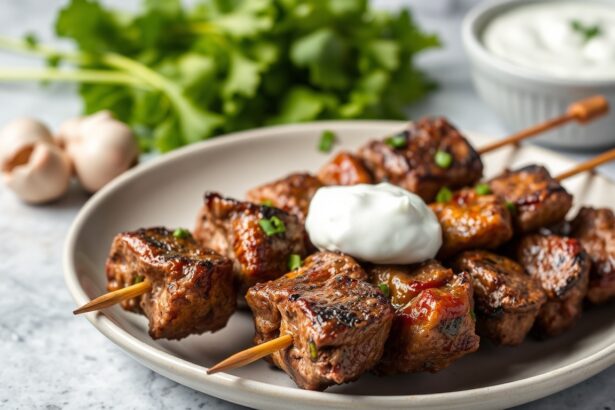 Irresistible savory beef kebabs with garlic yogurt sauce.