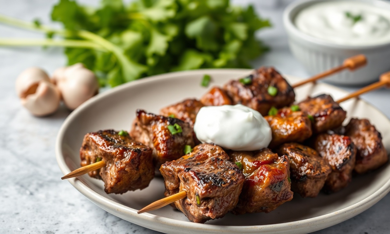 Irresistible savory beef kebabs with garlic yogurt sauce.