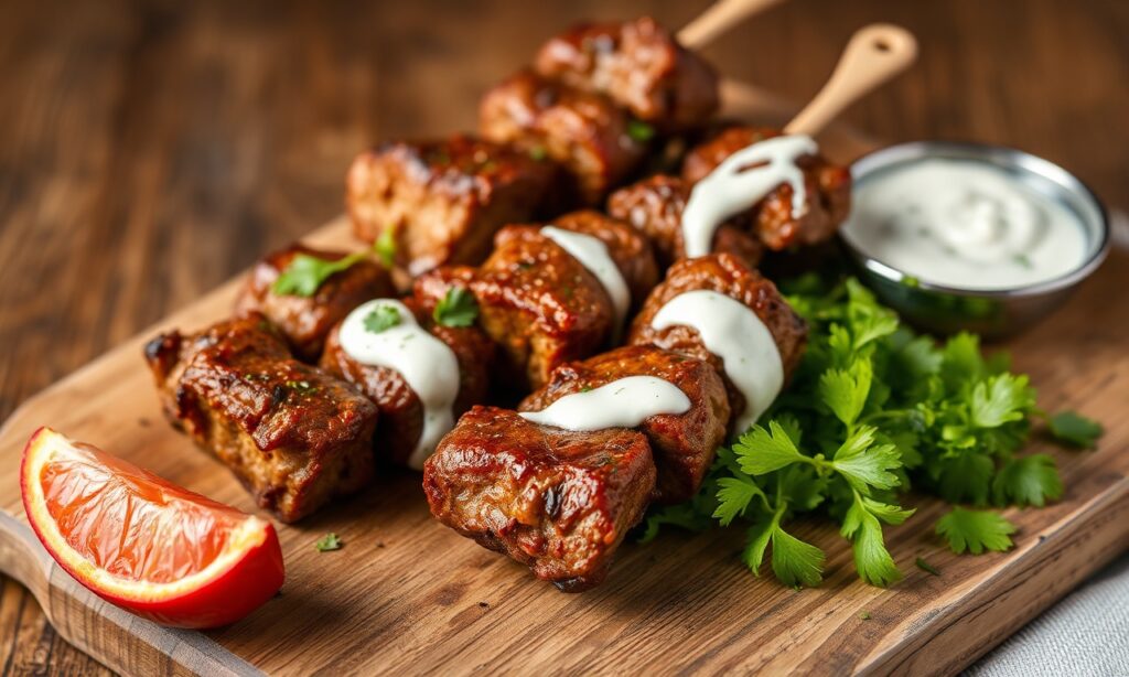 Irresistible savory spiced beef kebabs with tangy garlic yogurt sauce.