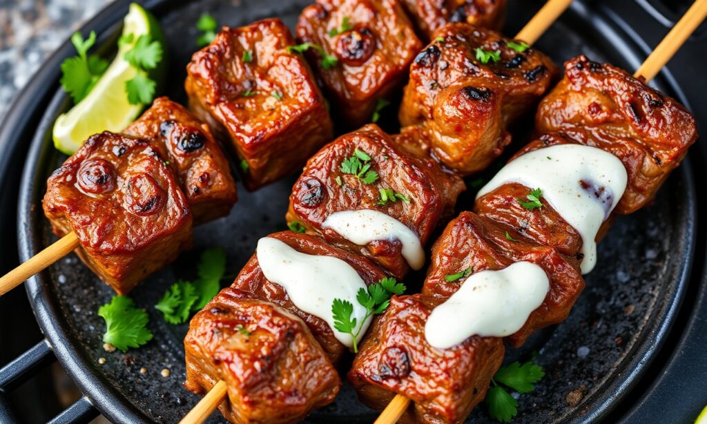 Irresistible savory beef kebabs, grilled to perfection, with garlic yogurt sauce.