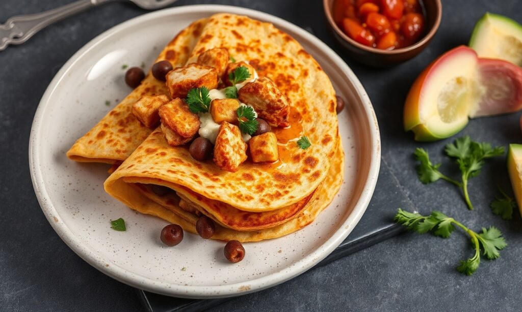 Crispy puffy tortillas with savory beans and chicken delight.