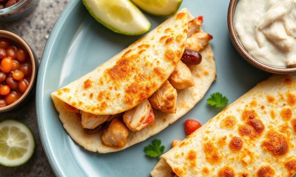 Crispy puffy fried tortillas with savory beans and chicken.