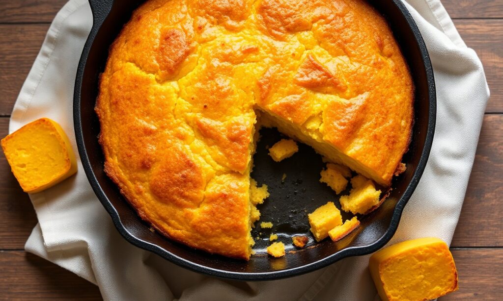 Golden Skillet cornbread sizzling in a hot pan.