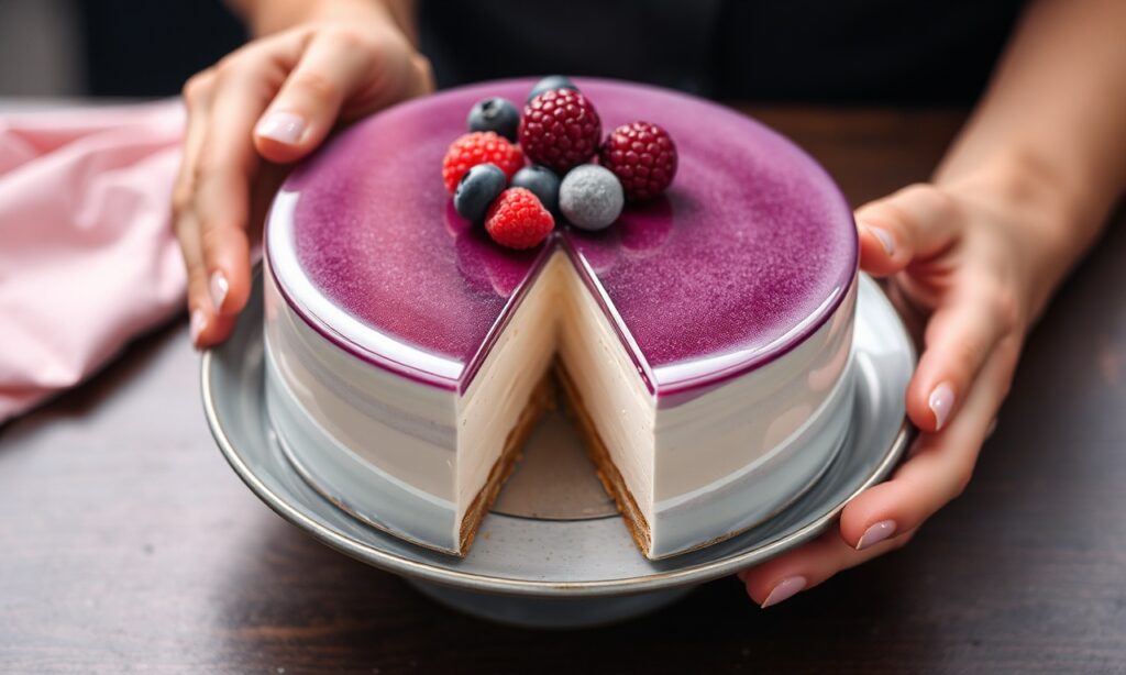Art Mirror glaze mousse cake perfection: stunning patisserie delight.