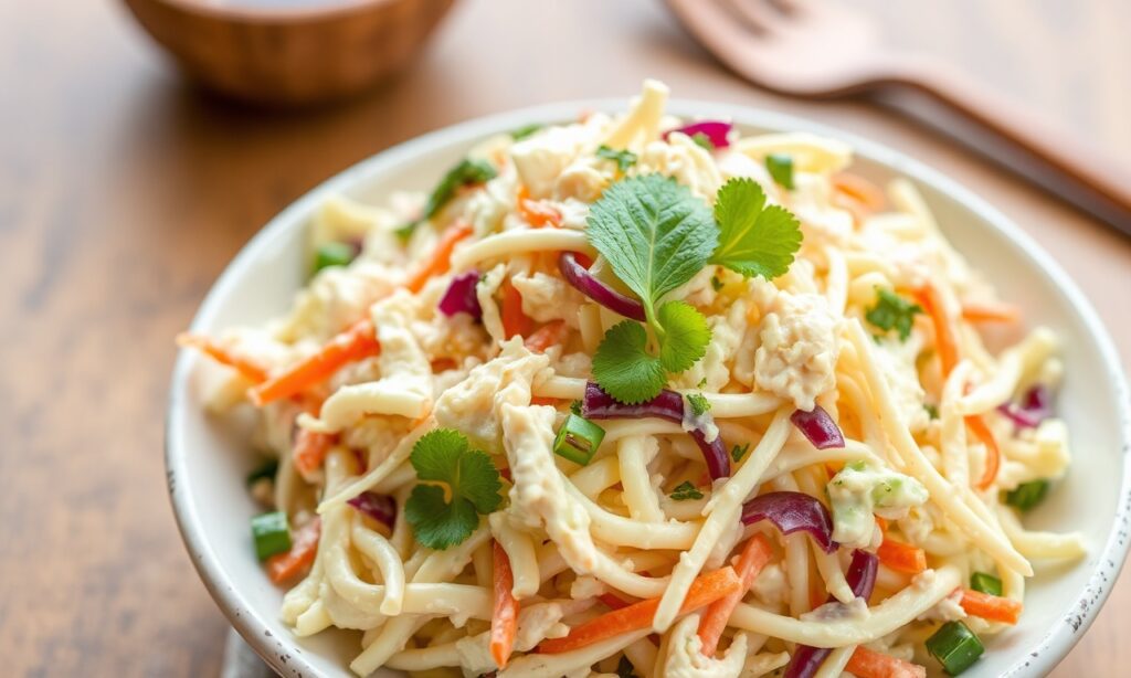Creamy cashew coleslaw, refreshing vegan plant-based recipe.