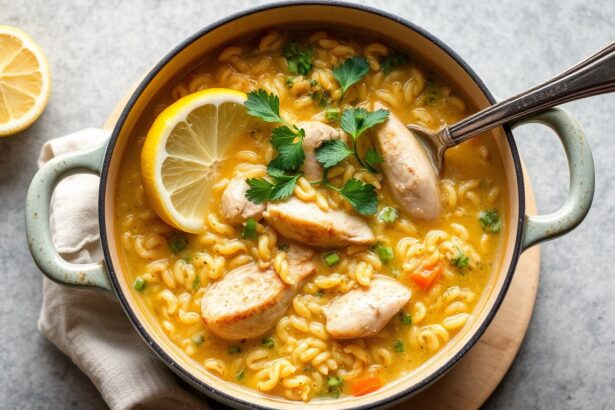 Delicious zesty lemon chicken orzo soup in a pot.