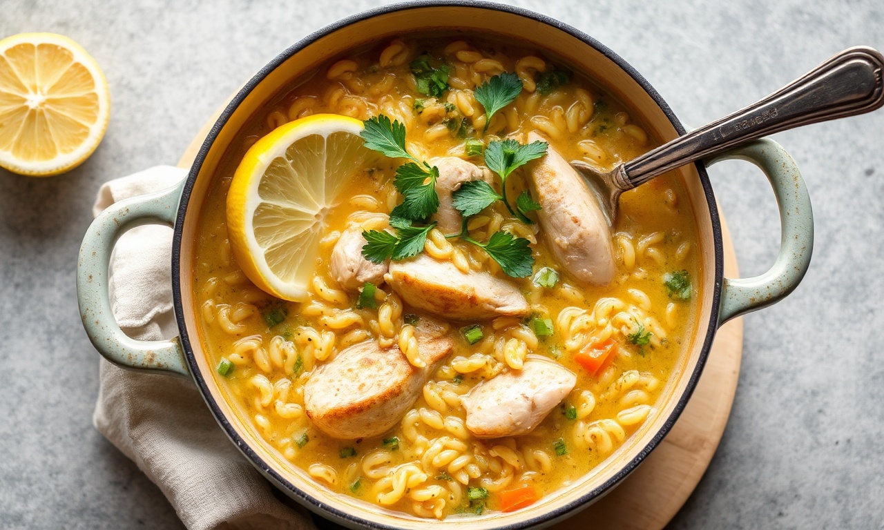 Delicious zesty lemon chicken orzo soup in a pot.