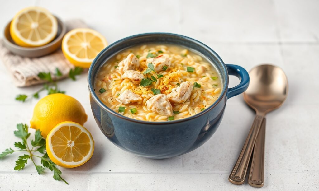Delicious zesty one-pot lemon chicken orzo soup recipe.