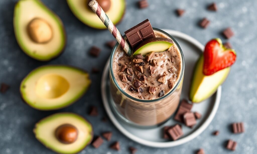 Decadent dairy-free chocolate avocado protein boost: indulgent, nutritious smoothie.