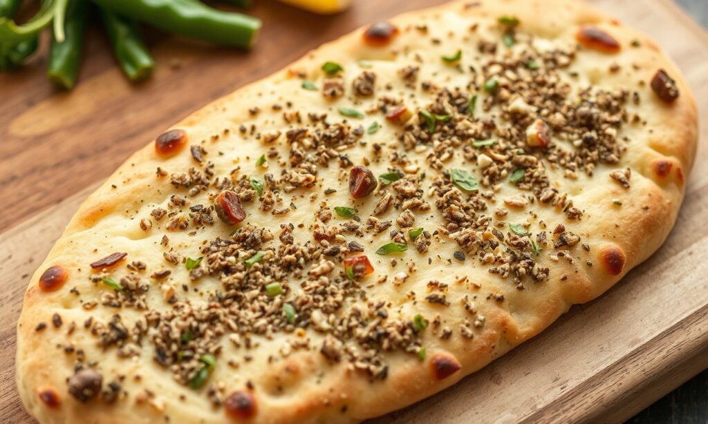 Irresistible Zaatar flatbread: savory Middle Eastern flavors baked fresh.