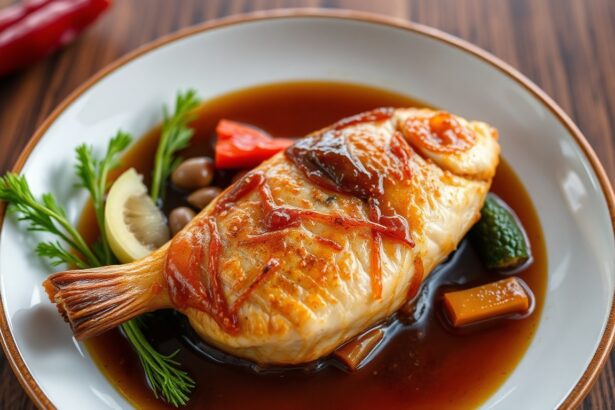 Savoring braised fish in rich caramel and spicy pepper sauce.