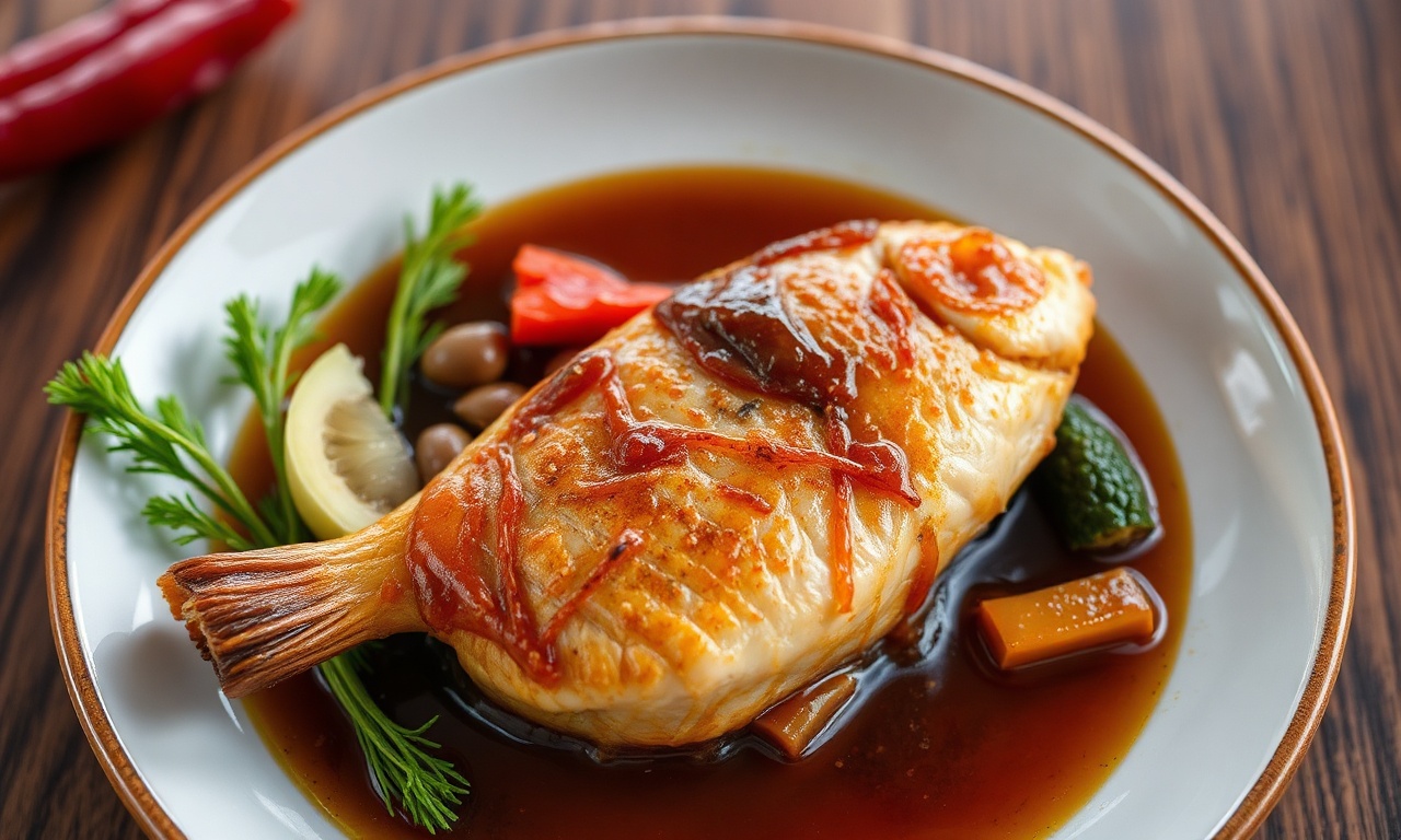 Savoring braised fish in rich caramel and spicy pepper sauce.