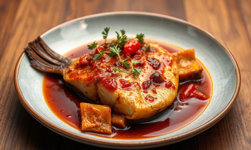 Savoring braised fish in rich caramel, spicy pepper sauce.