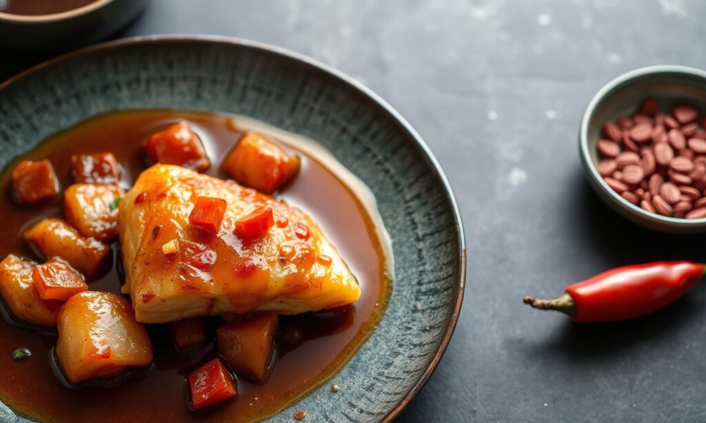 Savoring braised fish in rich caramel & spicy pepper sauce.