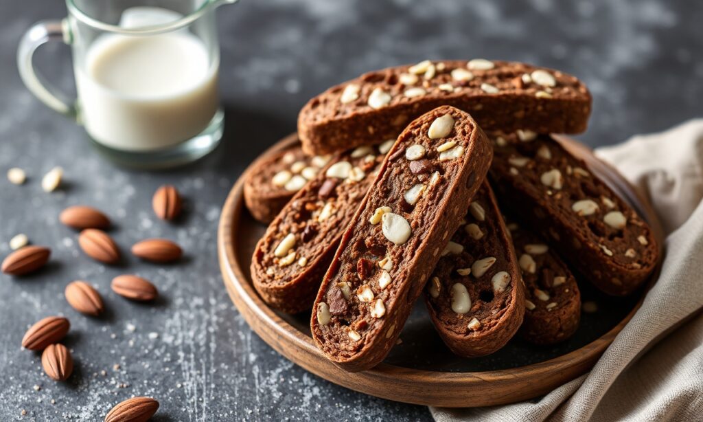 Crafting chocolate almond biscotti cookies: a crunchy, delightful treat.