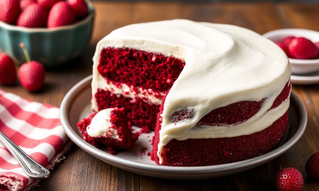 Fluffy gluten-free red velvet cake, moist and delicious.