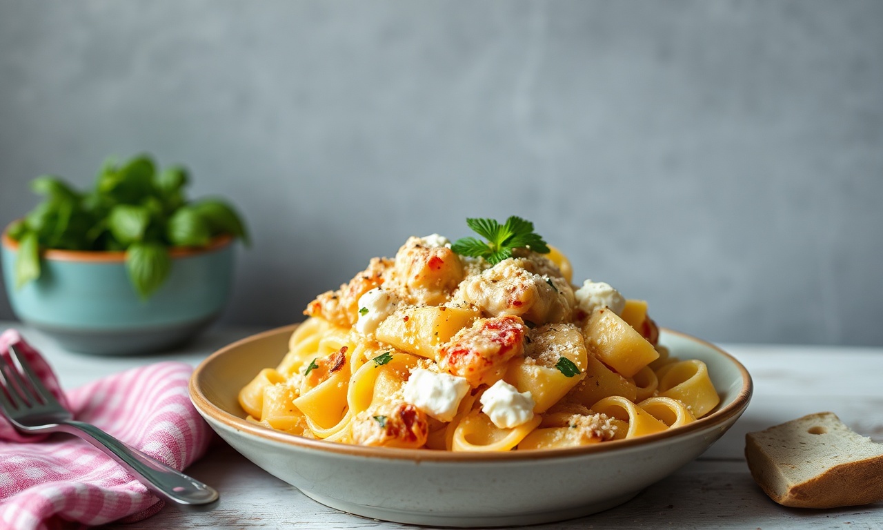 Creamy vegan feta pasta bake: a delicious plant-based comfort dish.