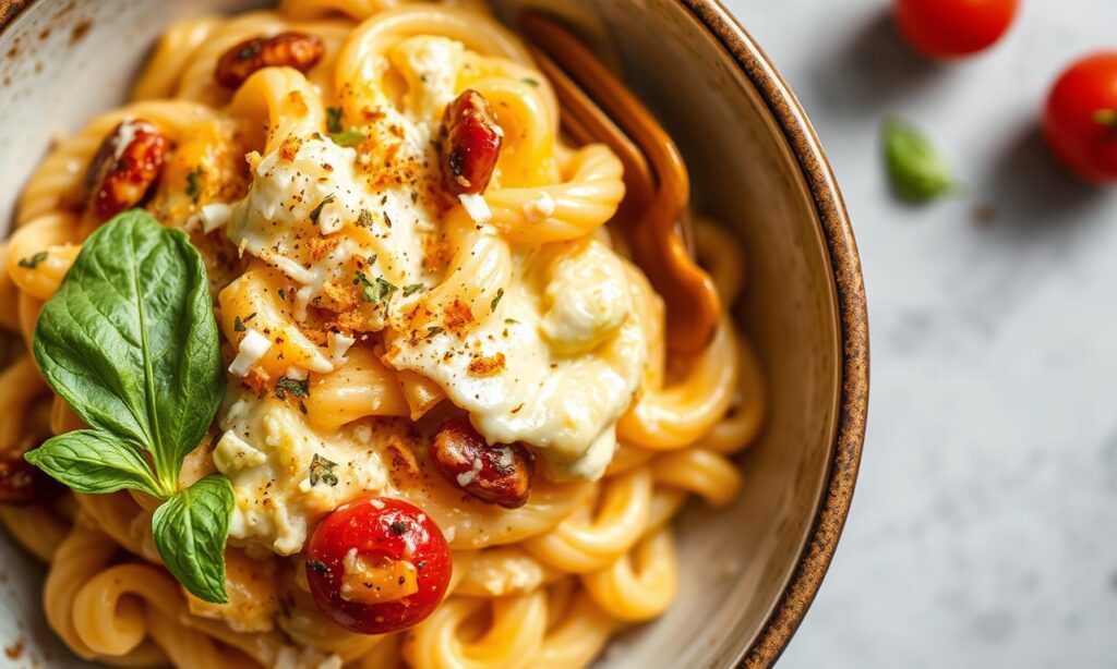 Creamy Vegan feta pasta bake, a delicious plant-based comfort meal.