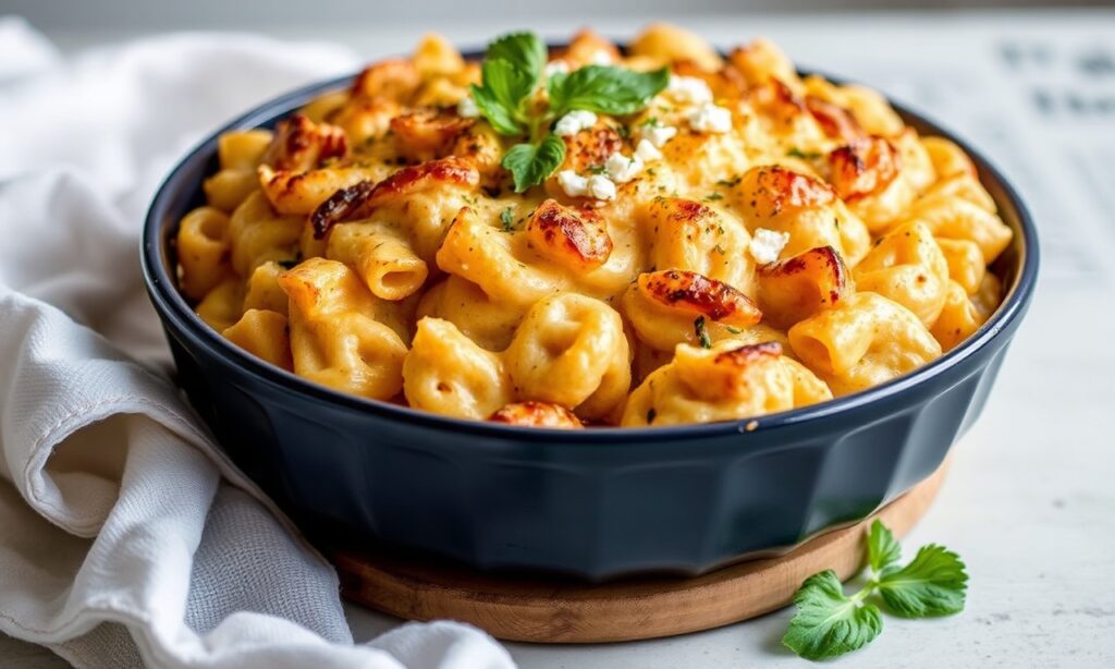 Creamy vegan feta pasta bake: bubbling, golden comfort food feast.