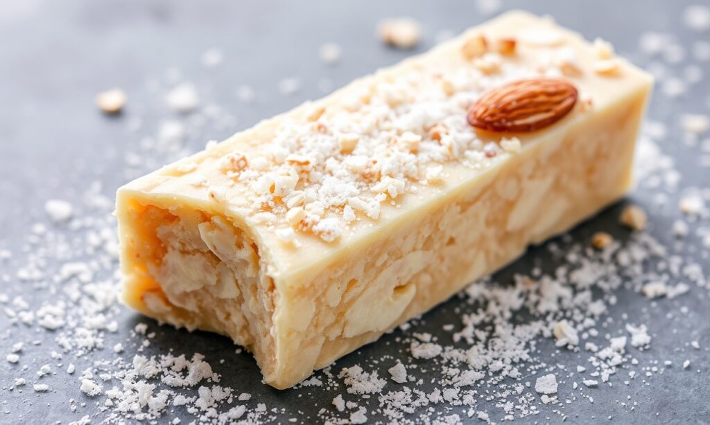 Delight Semi-frozen almond nougat: refreshing chill and satisfying crunch.