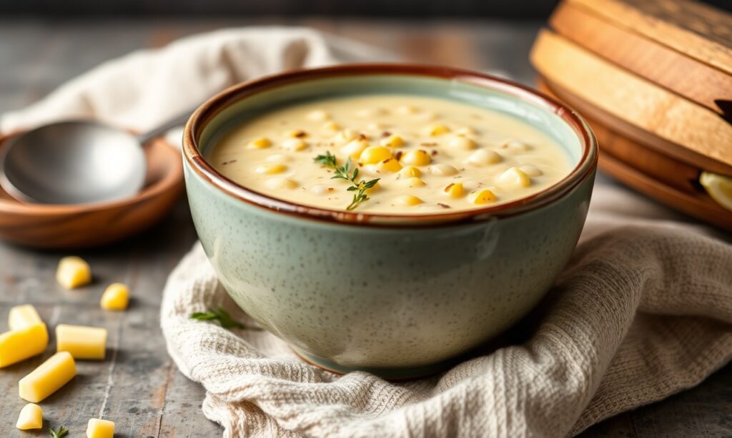 Irresistible creamy corn and potato chowder bowl, comforting and delicious.