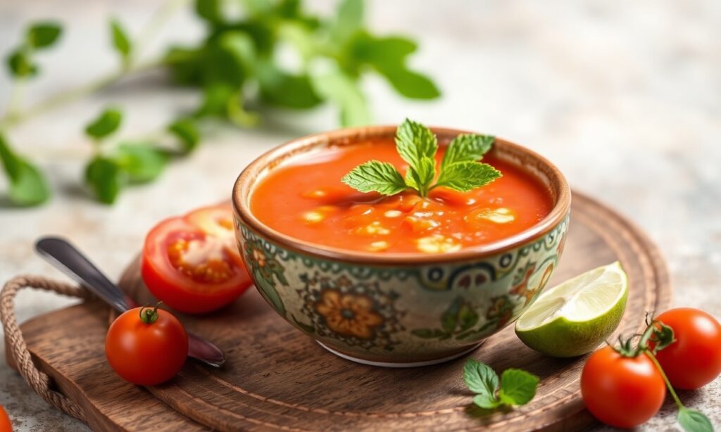 Refreshing Spanish gazpacho: vibrant, cool, flavorful tomato soup.