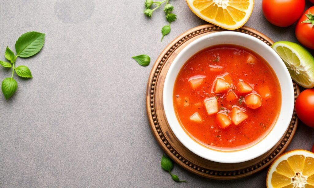 Refreshing Spanish gazpacho: cool, flavorful tomato soup on a hot day.