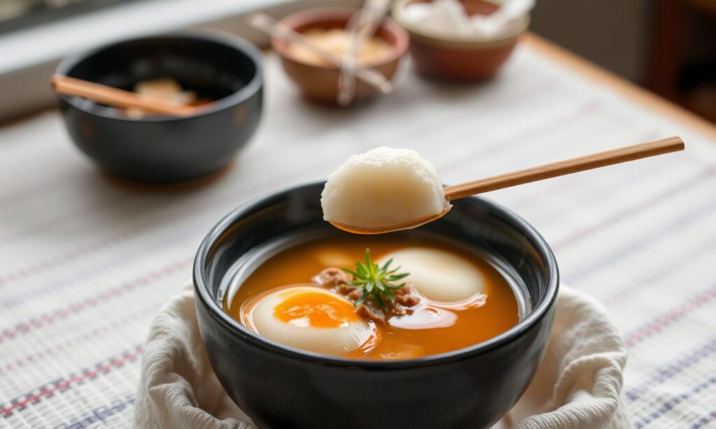 Delicious Ozoni: Traditional Japanese New Year mochi soup simmering.