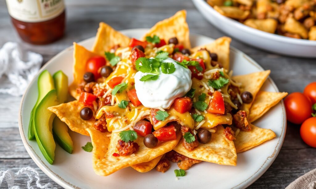 Bell pepper nachos with savory seasoned turkey twist, a healthy snack.