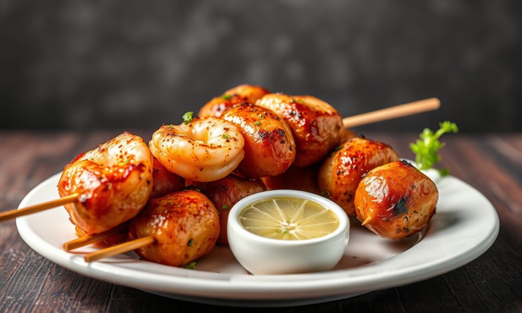 Shrimp chicken sausage skewers: Savor delicious, impressive flavors.