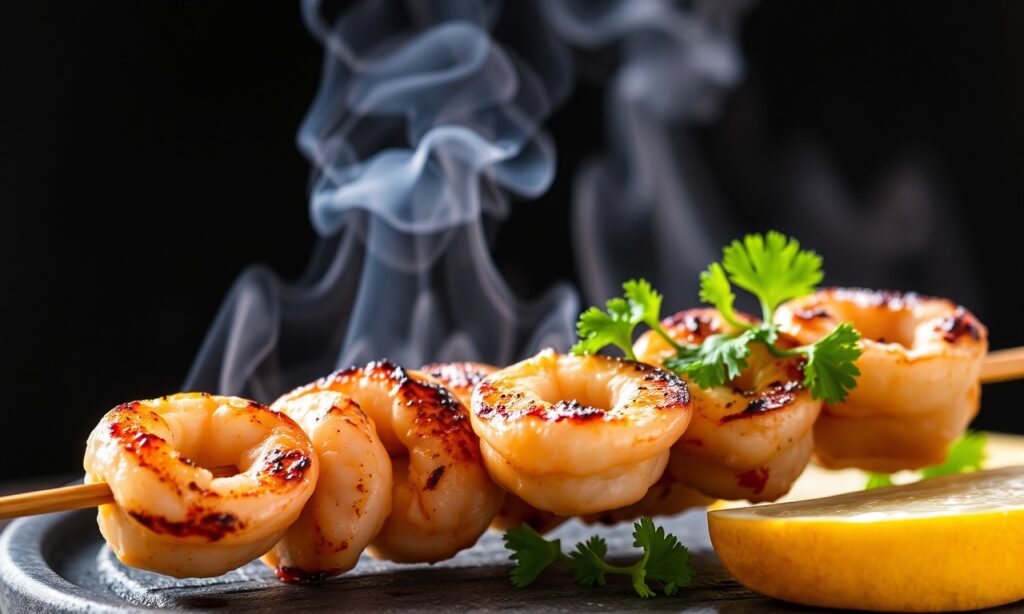 Grilled shrimp chicken sausage skewers sizzling on the grill.