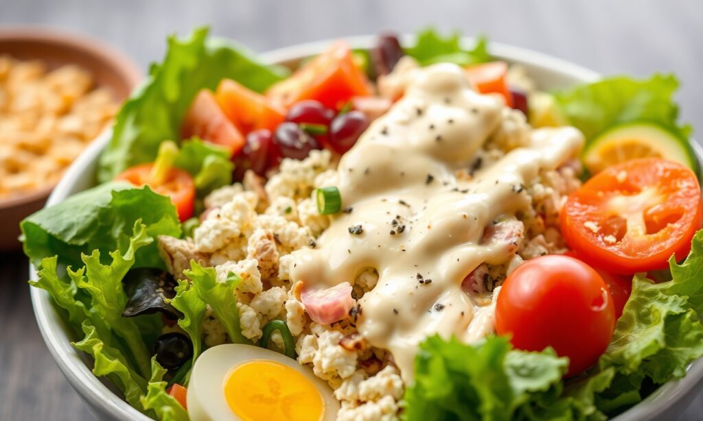 Delicious Keto Cobb salad with creamy ranch dressing.