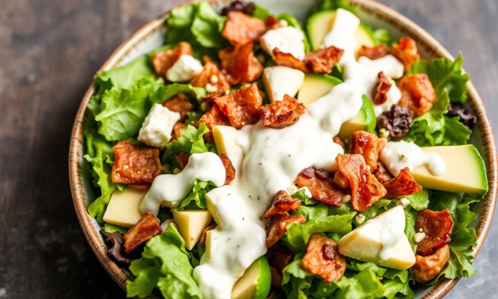 Delicious Keto Cobb salad with creamy ranch dressing.