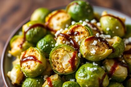 Crispy smashed Brussels sprouts with tangy balsamic drizzle for best flavor.