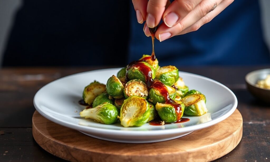 Crispy smashed Brussels sprouts with tangy balsamic drizzle, a must-try recipe.