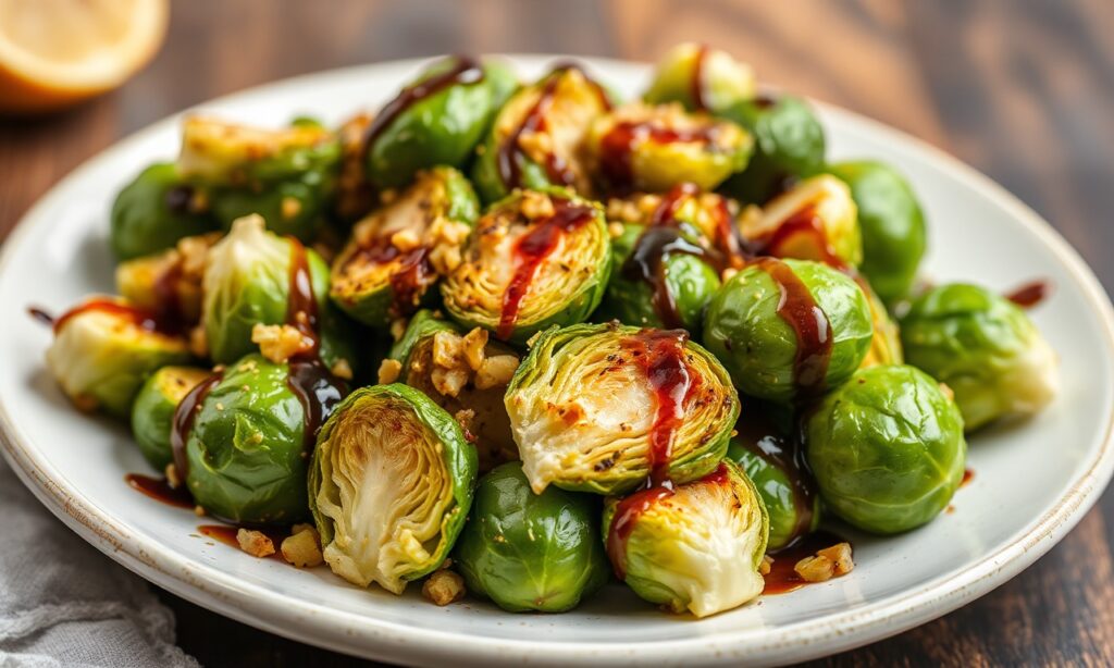 Crispy smashed Brussels sprouts with tangy balsamic drizzle.