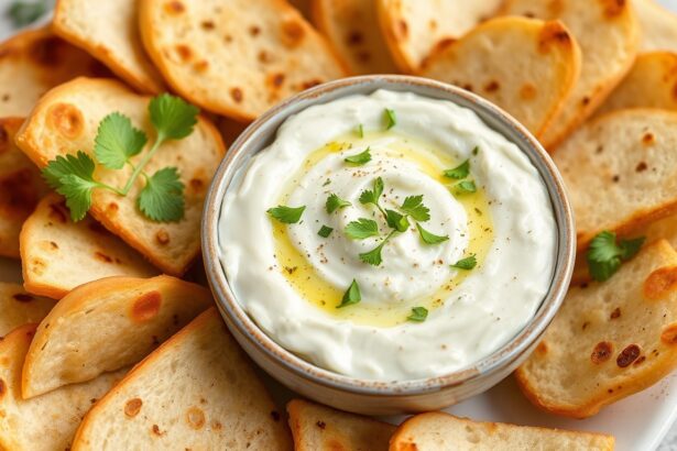 Zesty Artichoke dip with toasted pita bread.