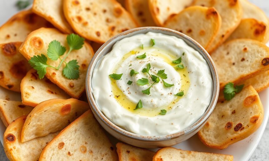 Zesty Artichoke dip with toasted pita bread.