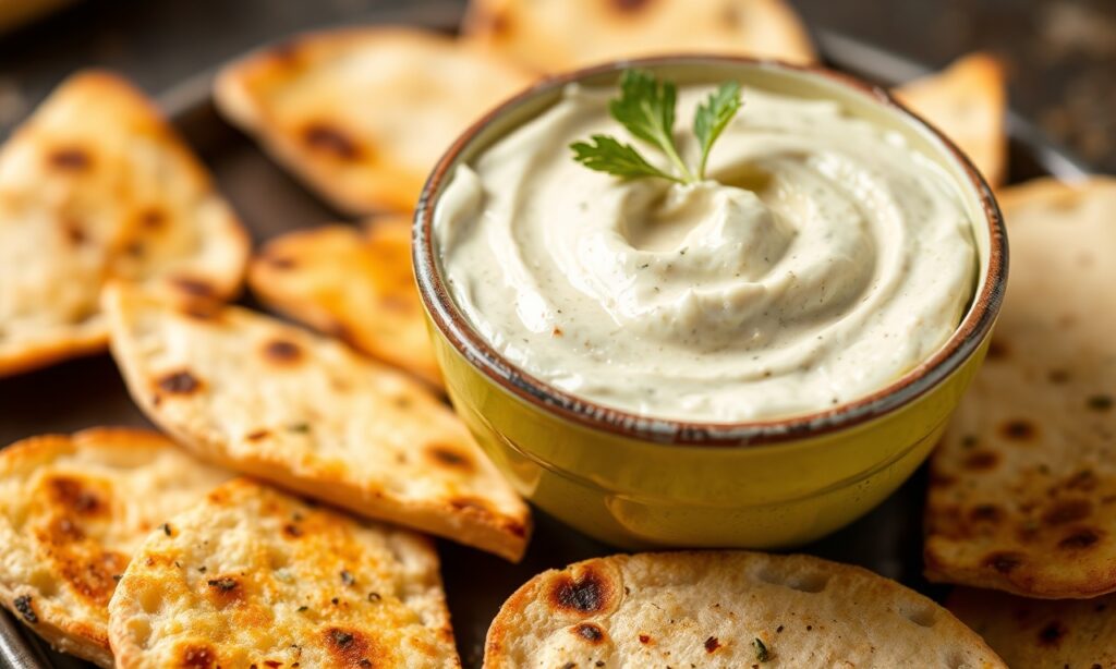 Zesty artichoke lemon dip with toasted pita bread.
