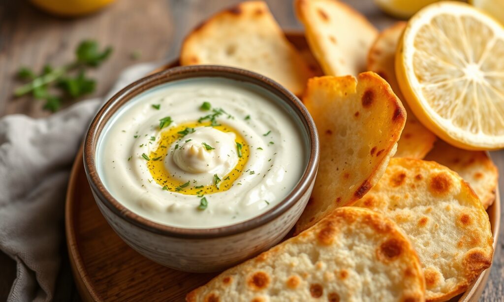 Zesty artichoke lemon dip with toasted pita bread.