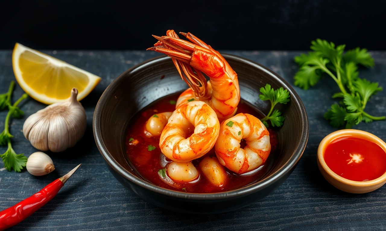 Sizzling shrimp in spicy garlic annatto oil.
